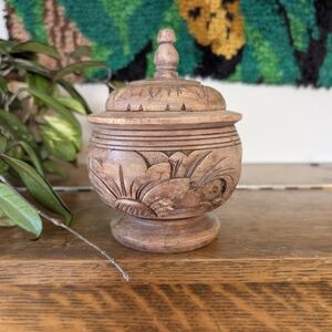 Vintage Hand Carved Wooden Lidded Jar Floral Trinket Box Rustic Boho Decor